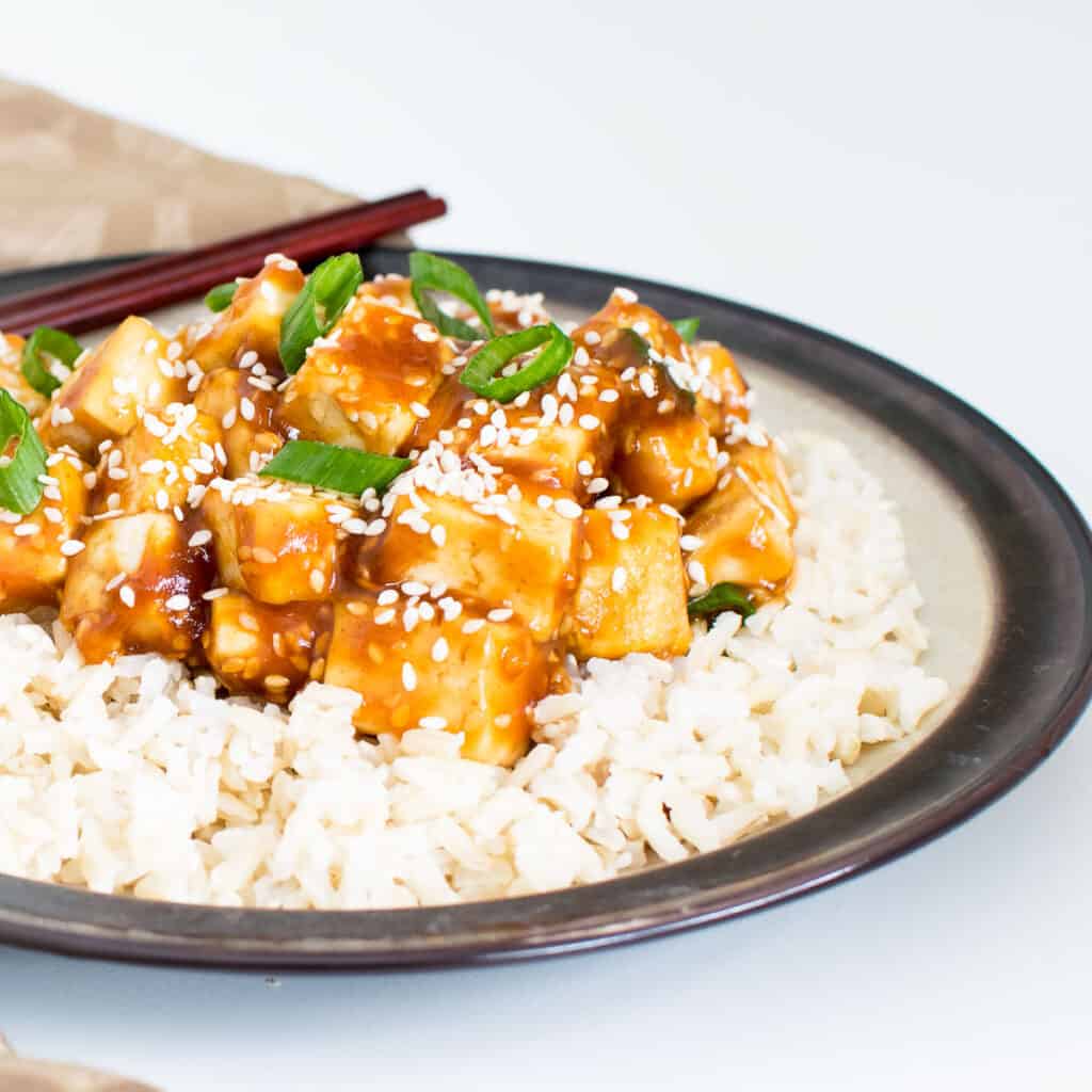 a front view of served sesame tofu.