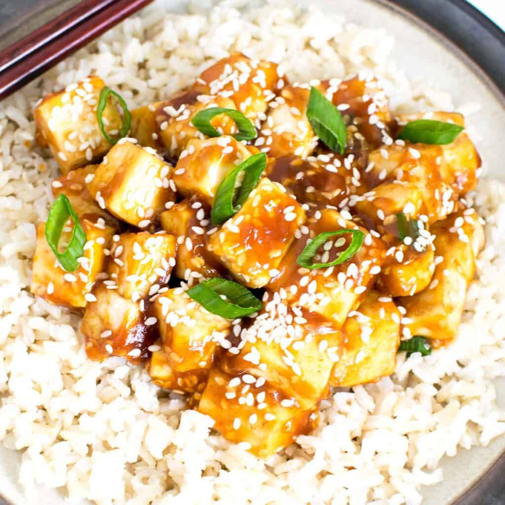 a close up view of sesame tofu.