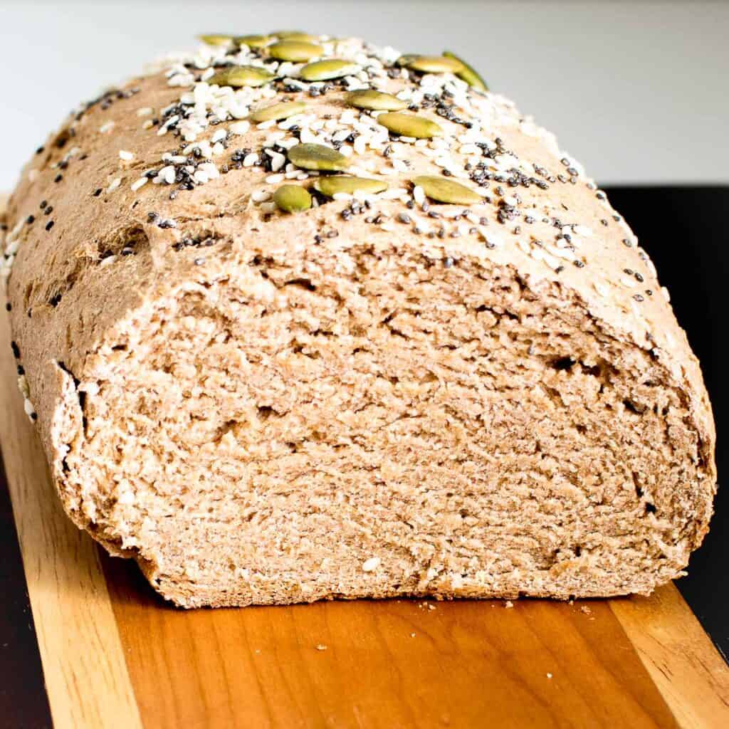 a close up view of the inside of the whole wheat bread.