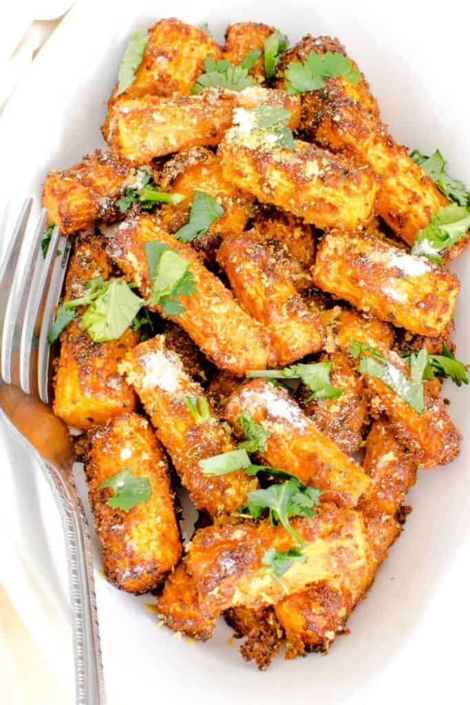 a close up top view of air fryer carrots.