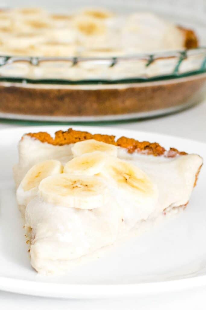 a close up view of vegan banana cream pie.