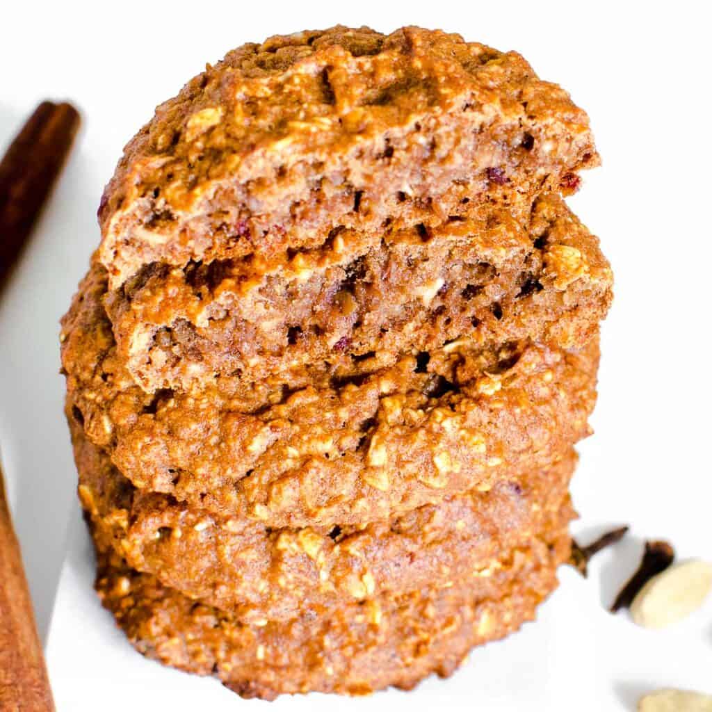 45 degree angle view of half chai cookie on its stack.