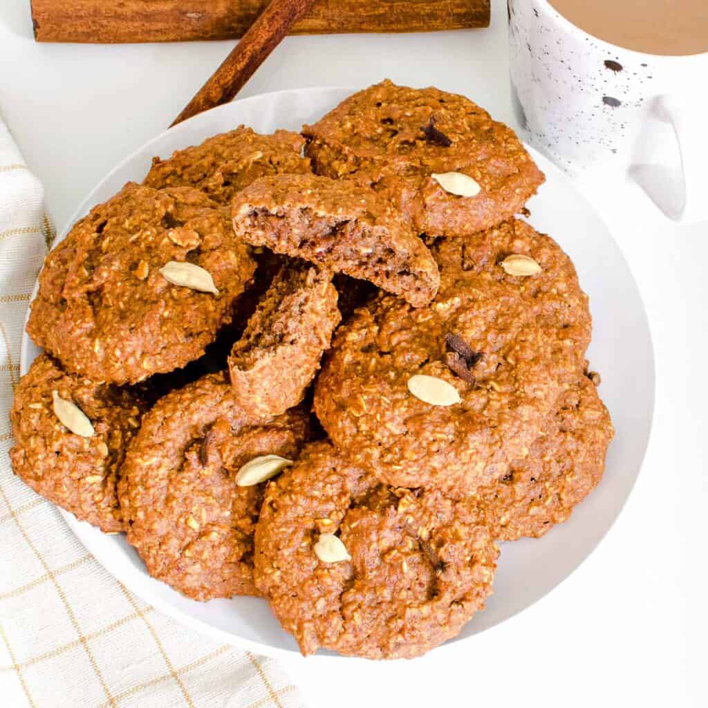 top view of a plate filled with chai cookies.