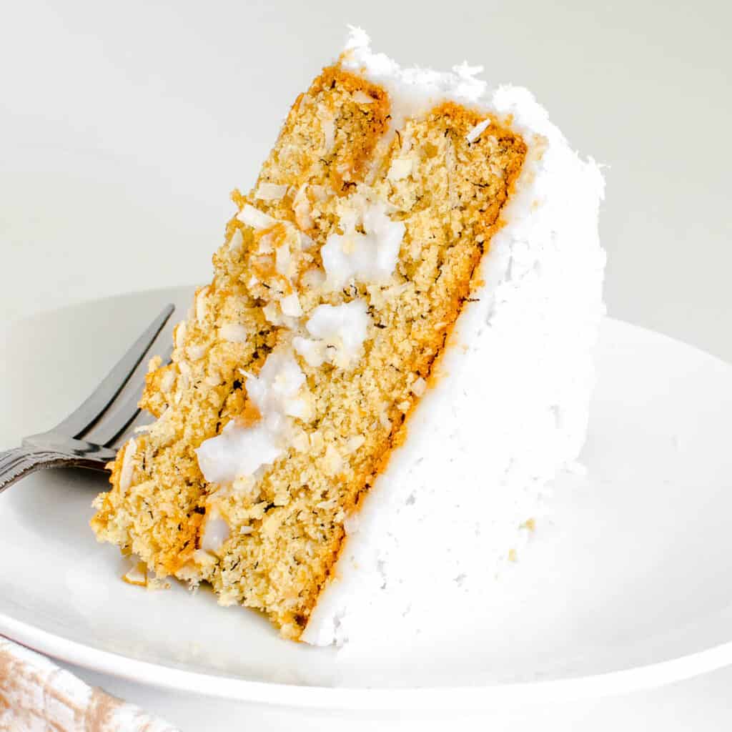 a close up view of the inside of a vegan coconut cake slice.