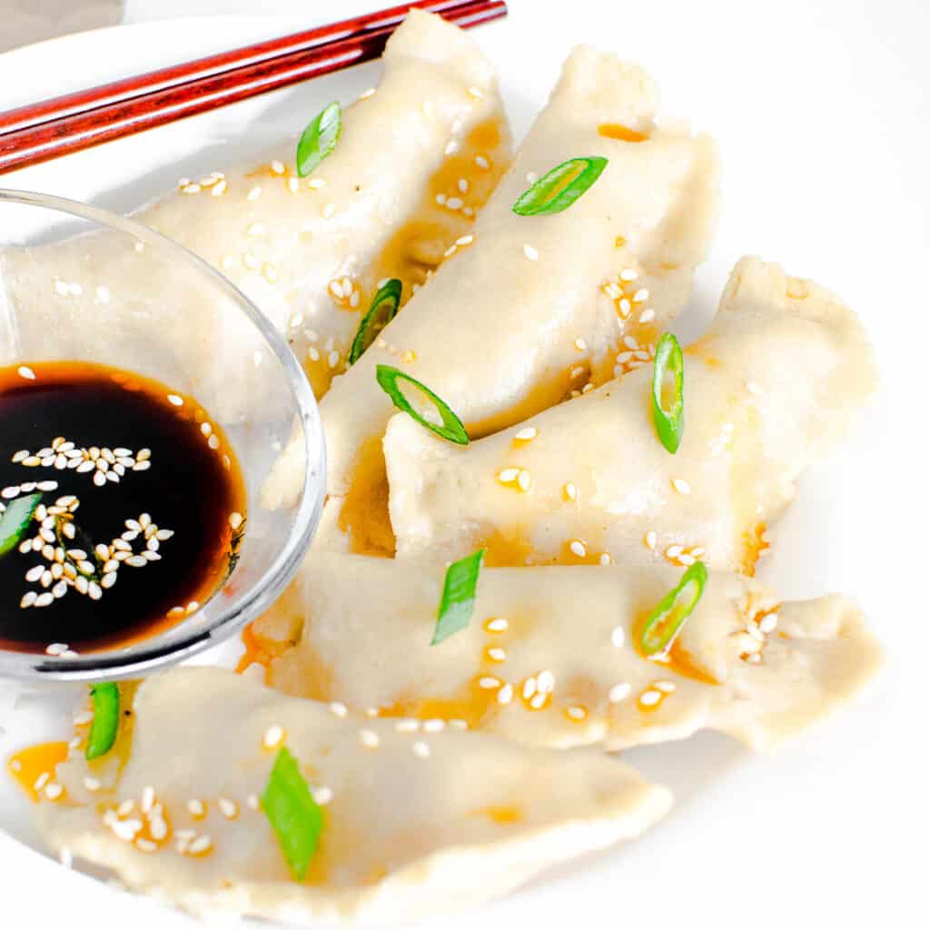 a close up view of vegan dumplings.