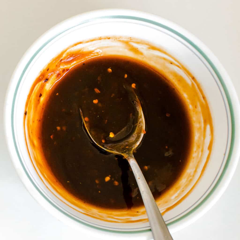 top view of the sauce in a mixing bowl. 