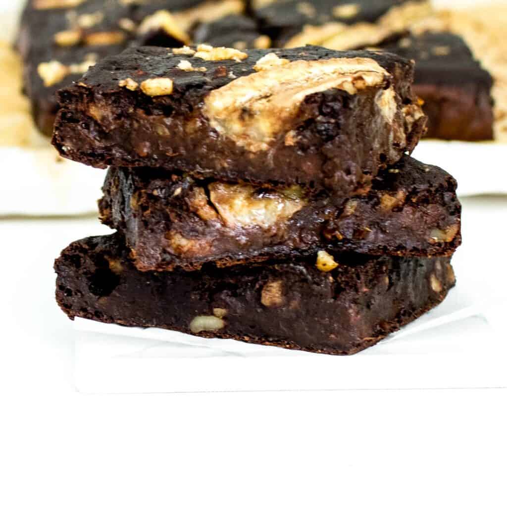 a front view of stacked banana brownies.