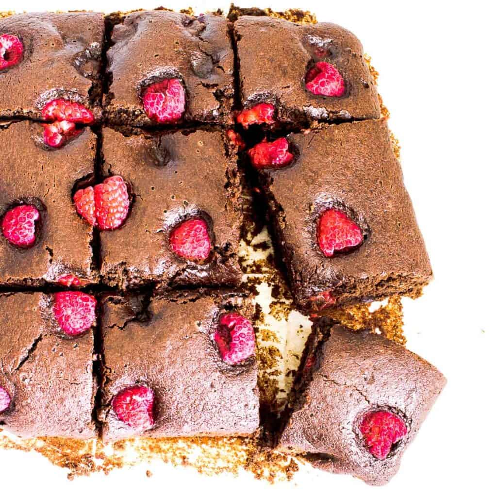 top view of sliced raspberry brownies.