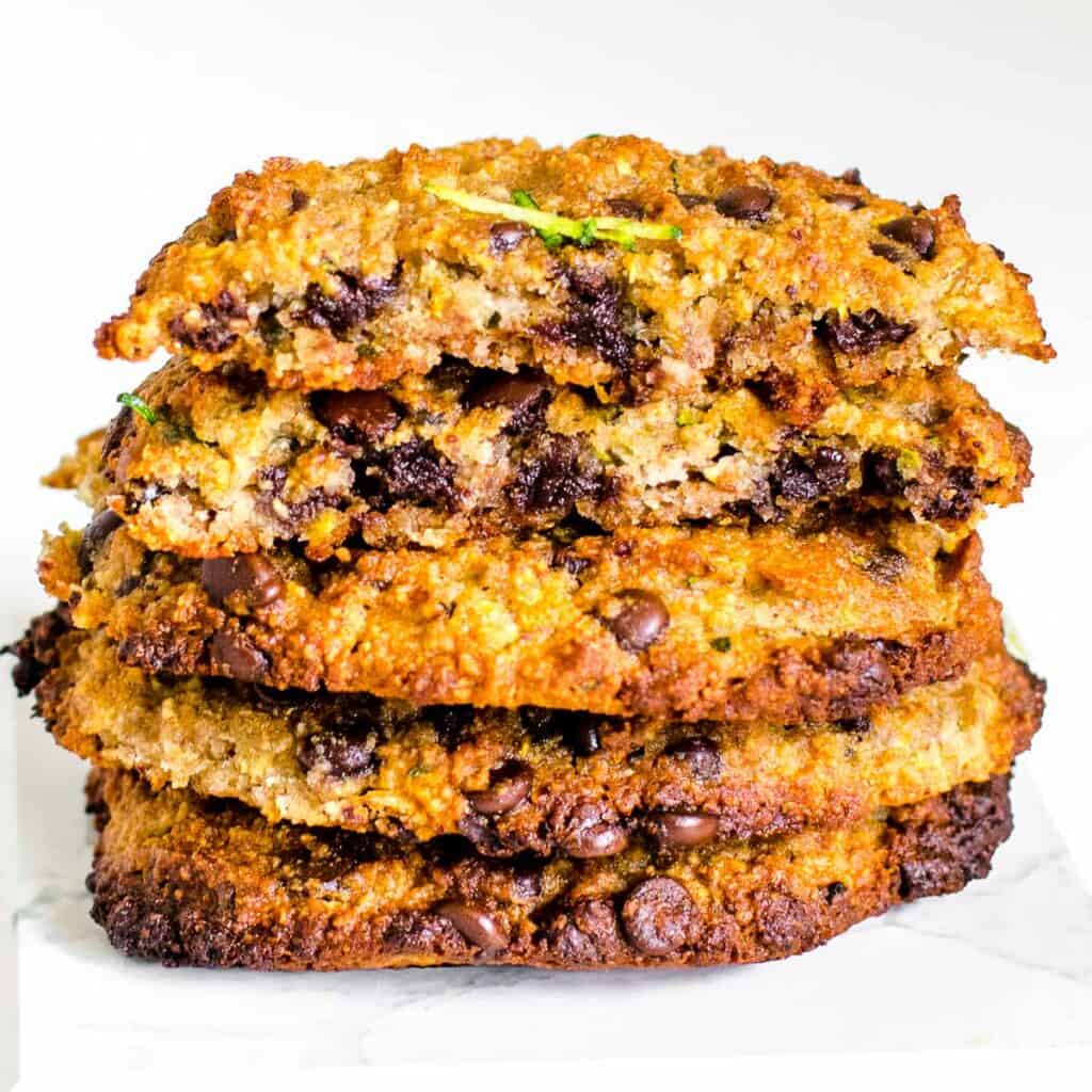 a front view of stacked zucchini chocolate chip cookies.