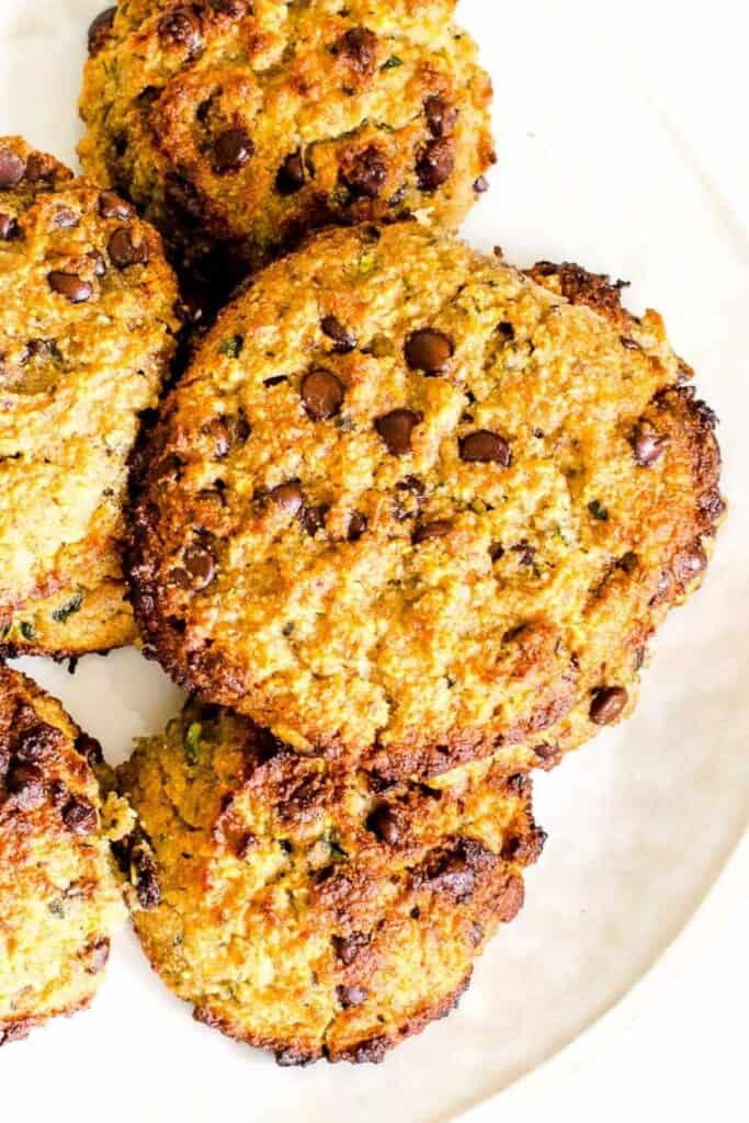 a close up top view of the whole zucchini chocolate chip cookies.