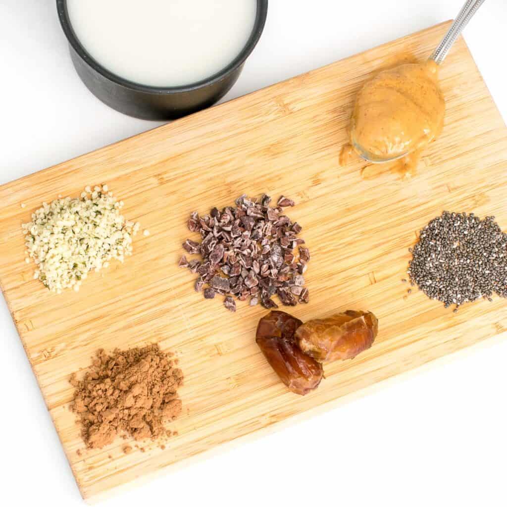 top view of all the ingredients on a wooden board.