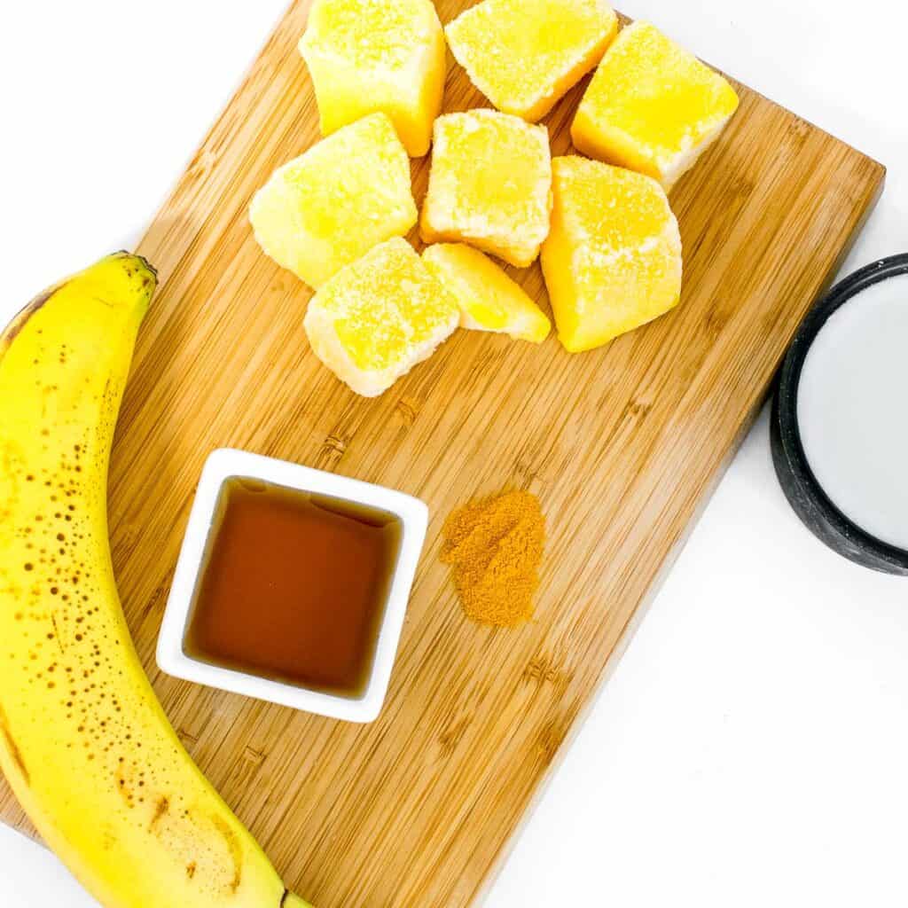 top view of all the ingredients on a wooden board. 