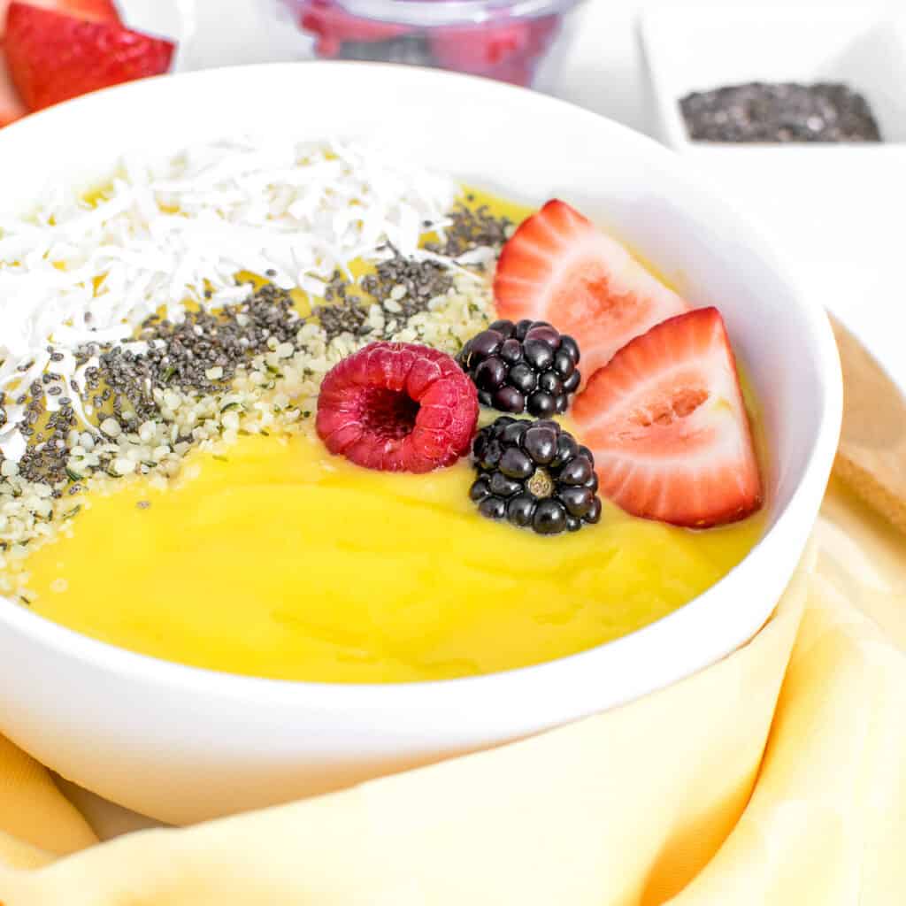 a front view of mango smoothie bowl.