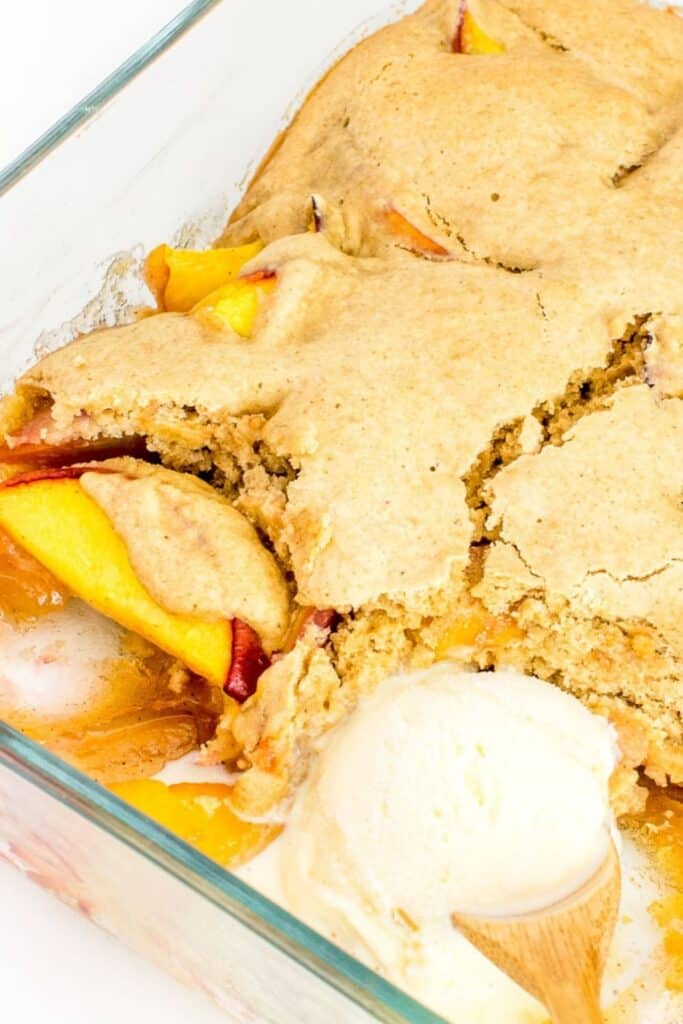 vegan peach cobble with vegan vanilla ice cream. 