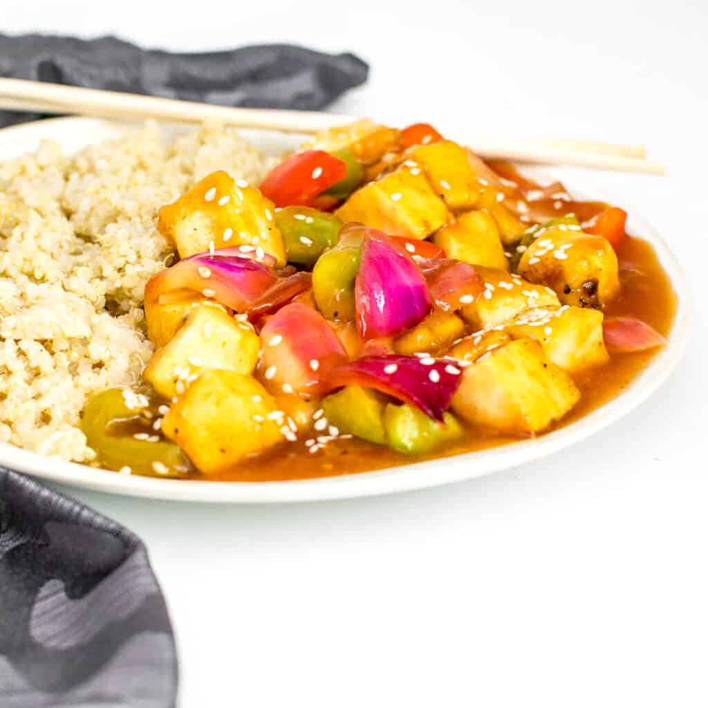 a front view of served sweet and sour tofu.