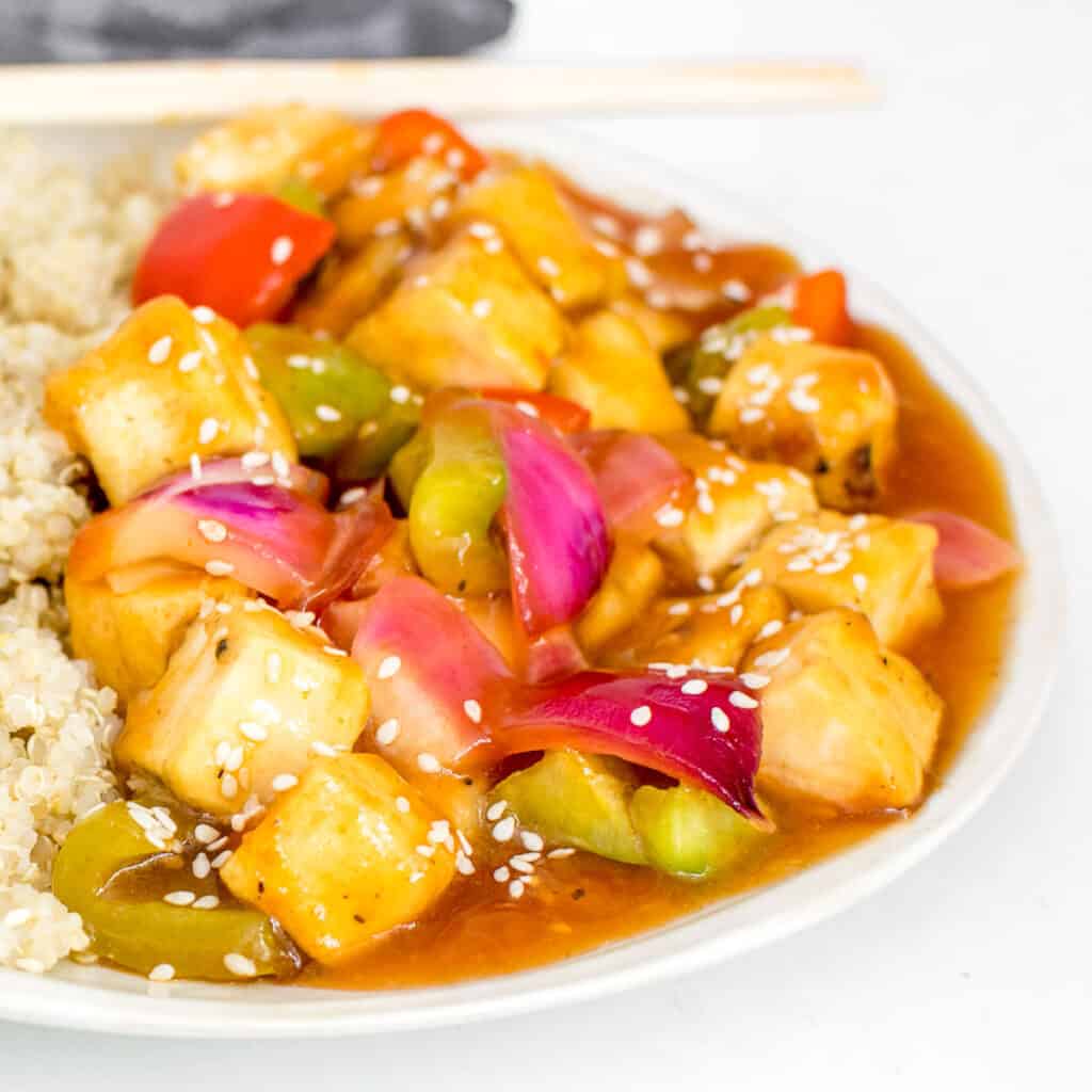 a close up view of sweet and sour tofu.
