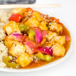 a close up view of sweet and sour tofu.