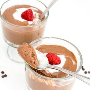 a spoonful of vegan chocolate mousse with a focus.