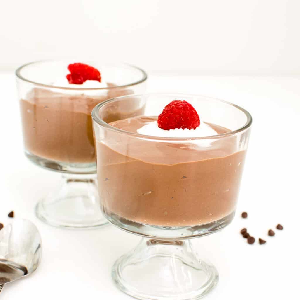 front view of served vegan chocolate mousse.
