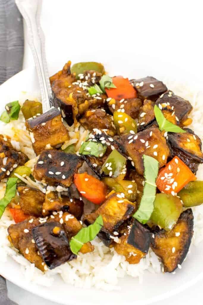 a close up view of eggplant stir fry. 