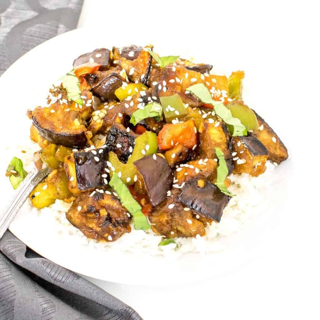 a 45 degree angle view of eggplant stir fry.