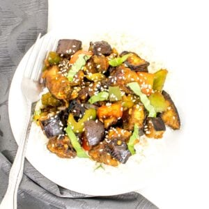 top view of served eggplant stir fry