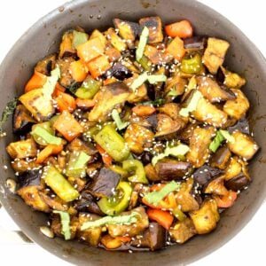 eggplant stir fry in the cooking pan.