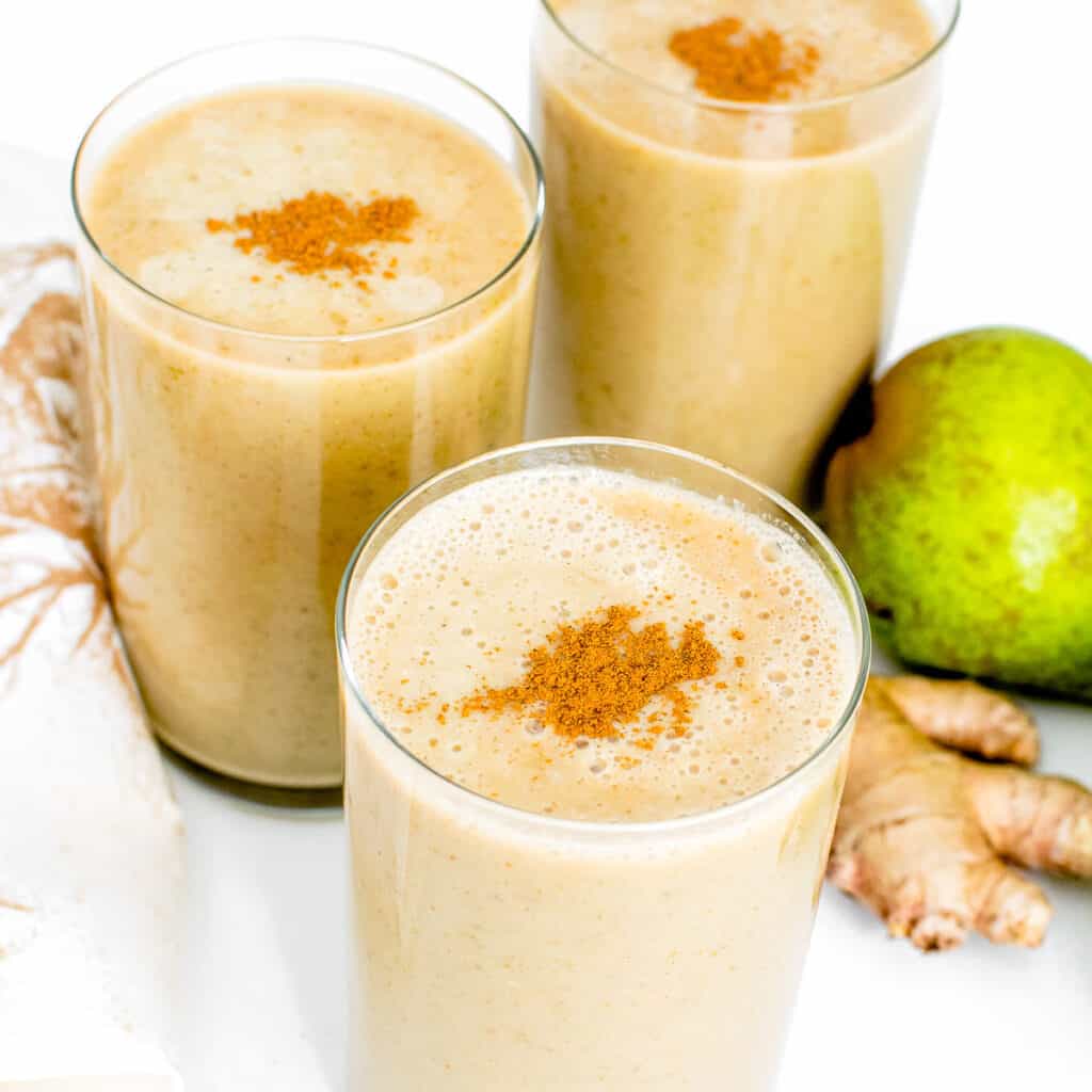 a close up view of pear smoothie.