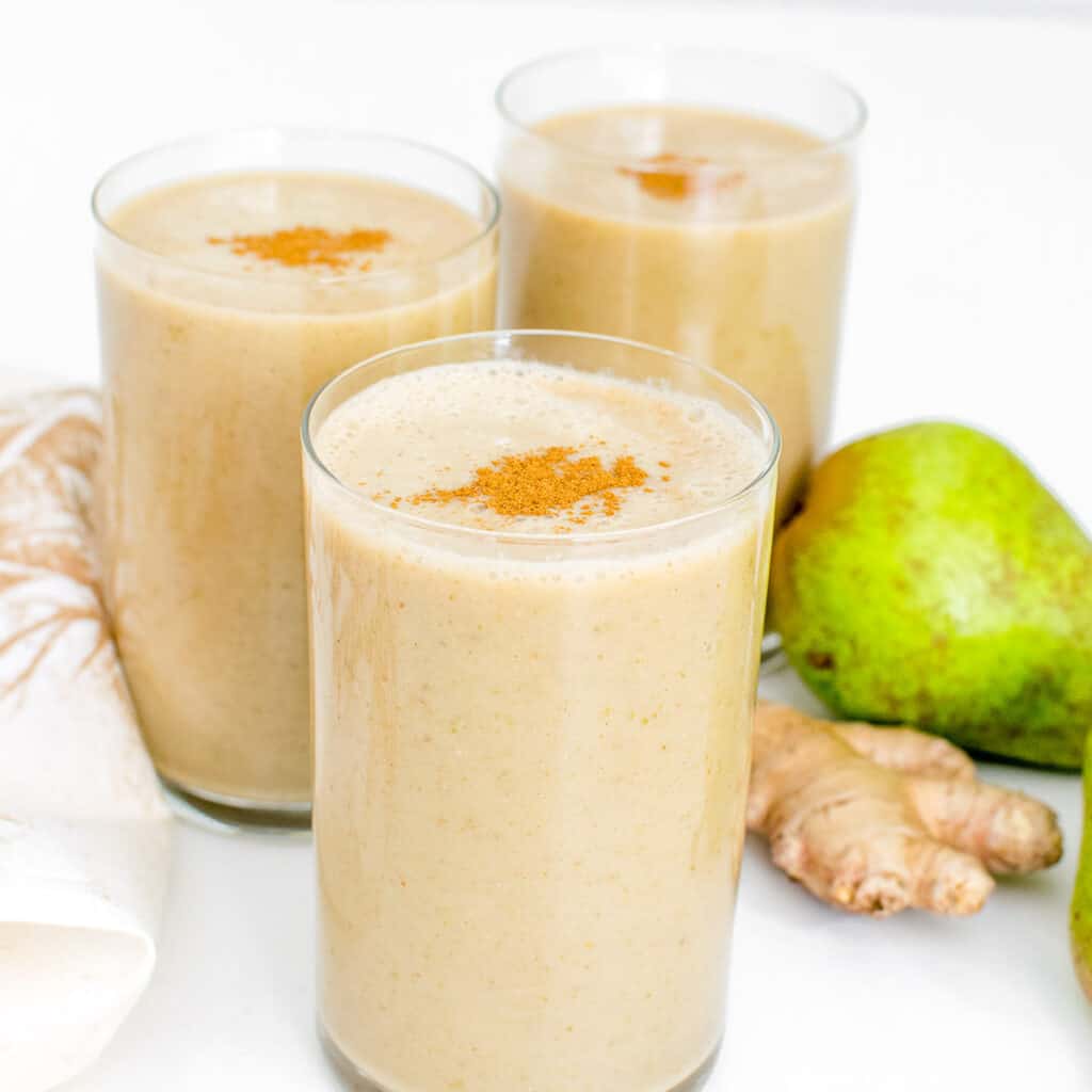 close up front view of pear smoothie.