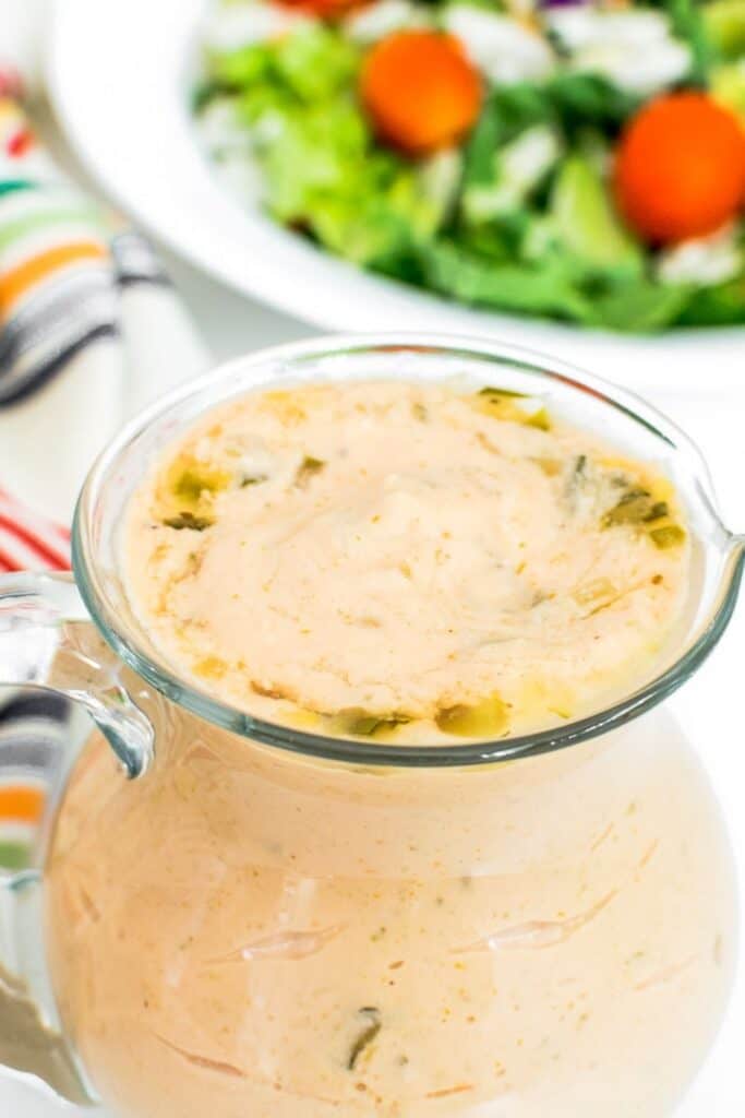 a close up view of vegan thousand island dressing.