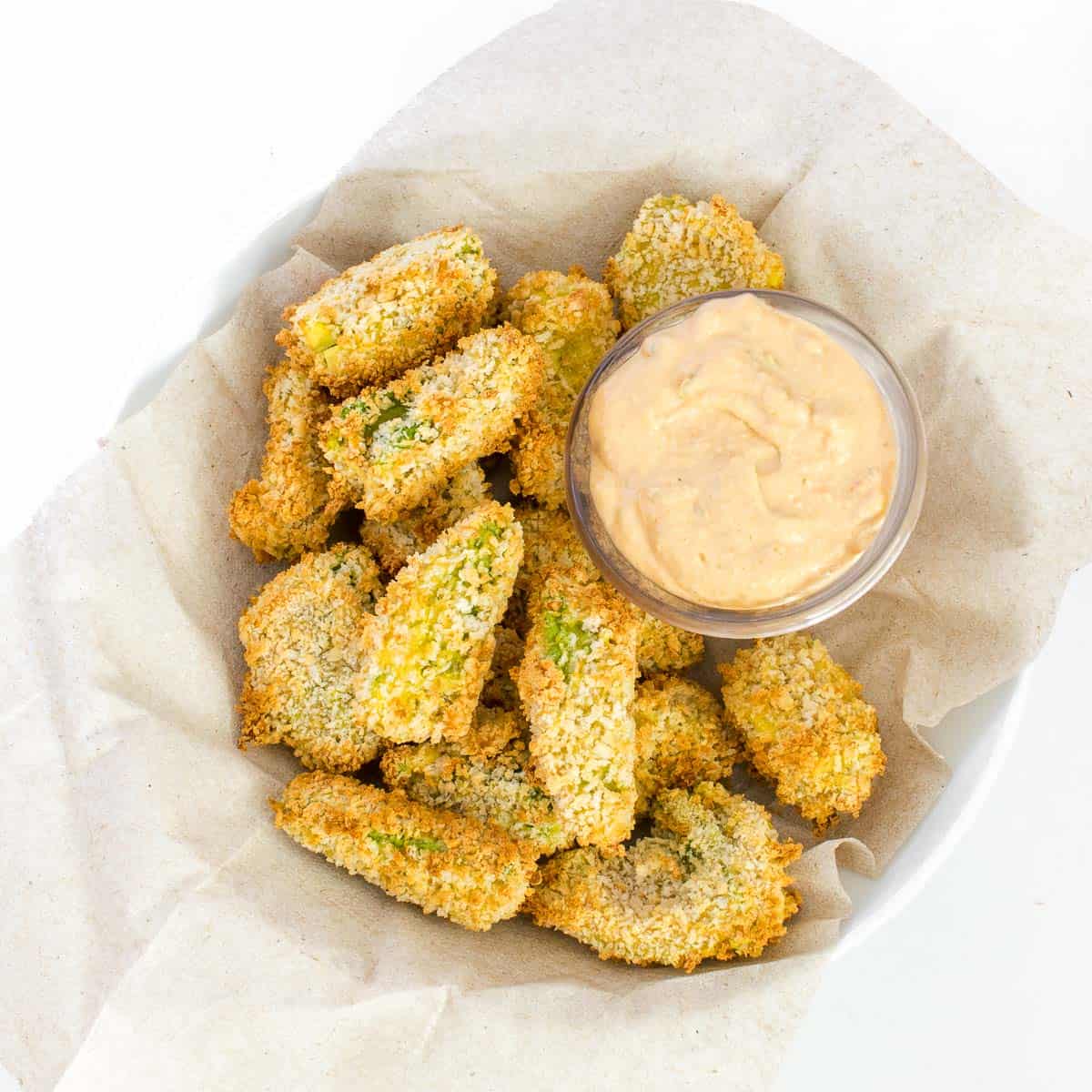 top view of served air fryer avocado fries.