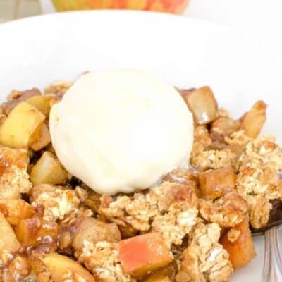 a front view of vegan apple crisp with ice cream