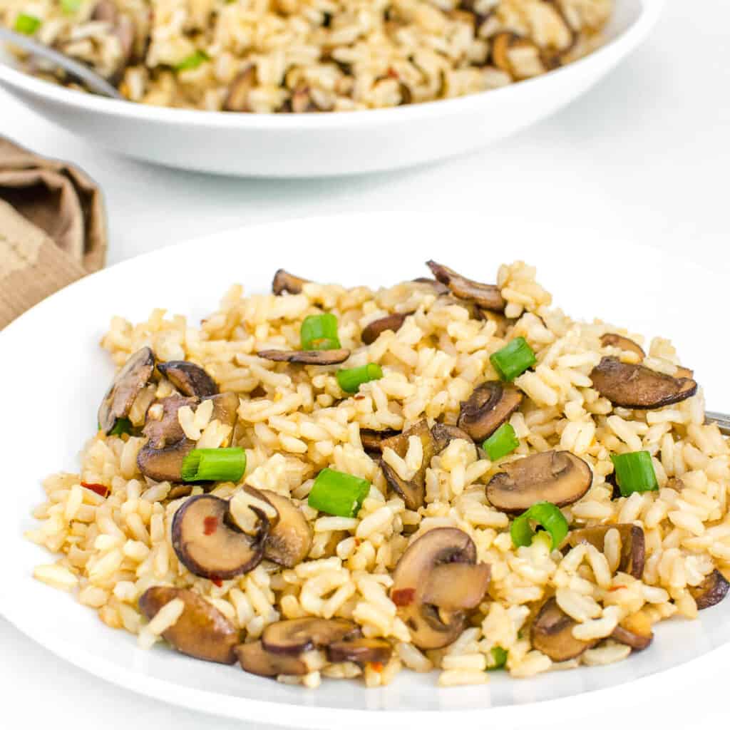 a front view of mushroom fried rice served. 