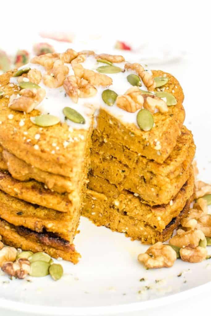 inside view of vegan pumpkin pancakes. 