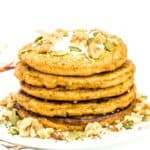 front view of stacked vegan pumpkin pancakes.