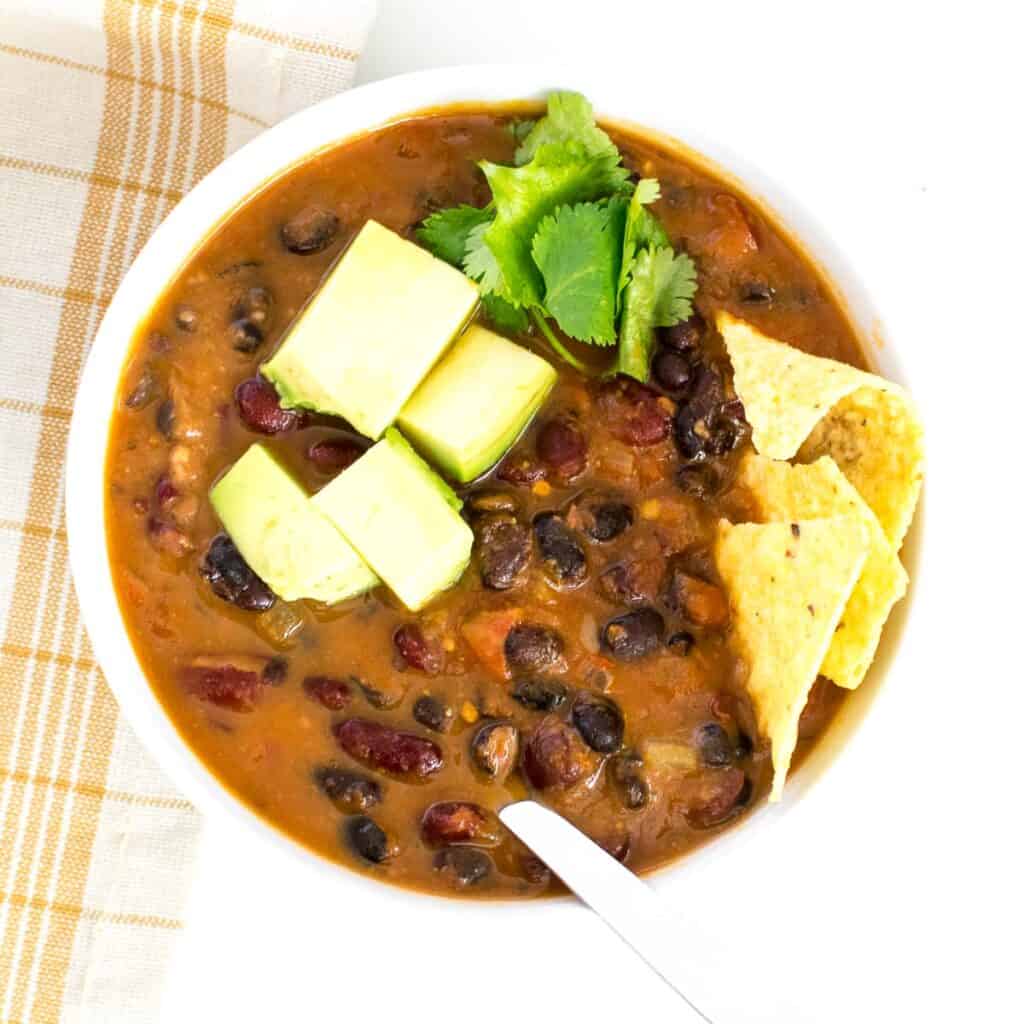 top close up view of instant pot vegan chili.