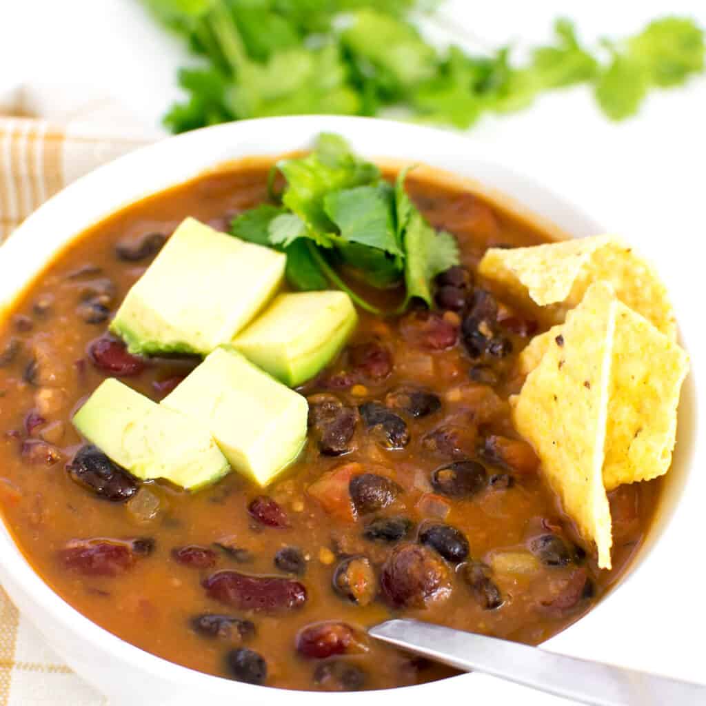 a 45 degree angle view of instant pot vegan chili.