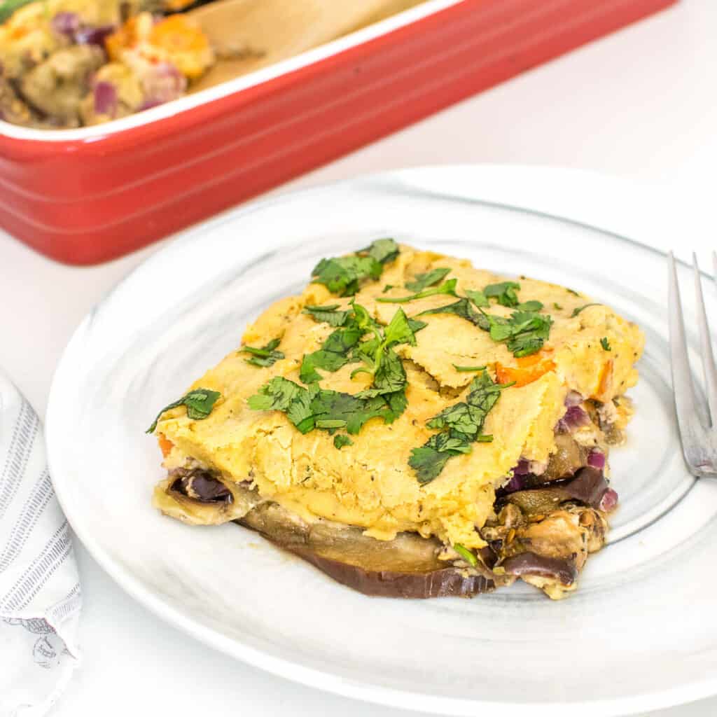 a close up view of served vegan eggplant casserole.