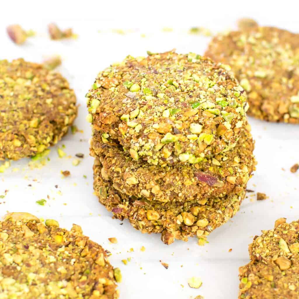 front view of stacked pistachio cookies.