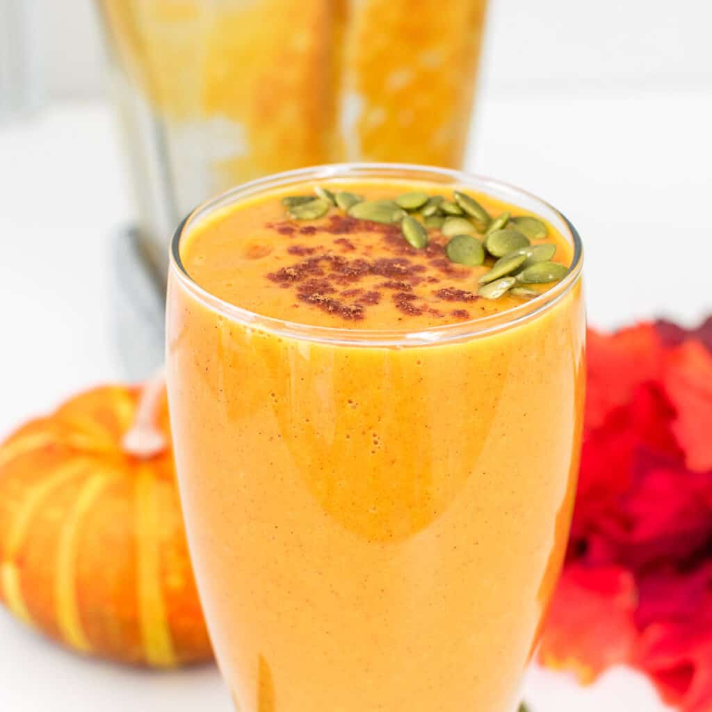 a close up view of vegan pumpkin smoothie.