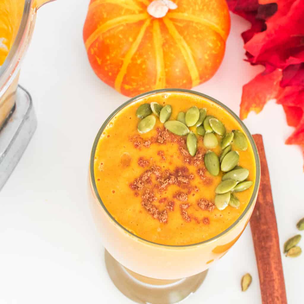 top view of vegan pumpkin smoothie.