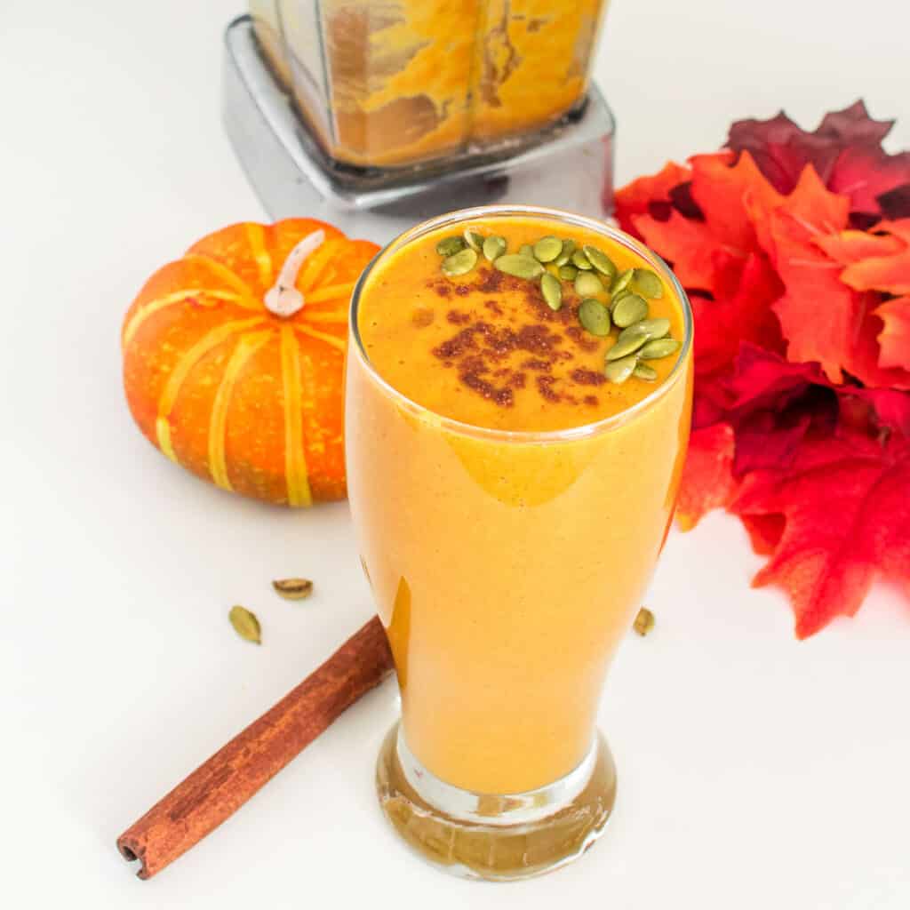 a 45 degree angle view of vegan pumpkin smoothie.