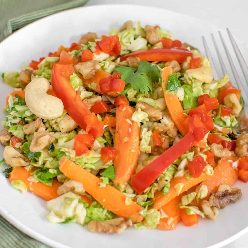 close up view of vegan brussels sprout salad.