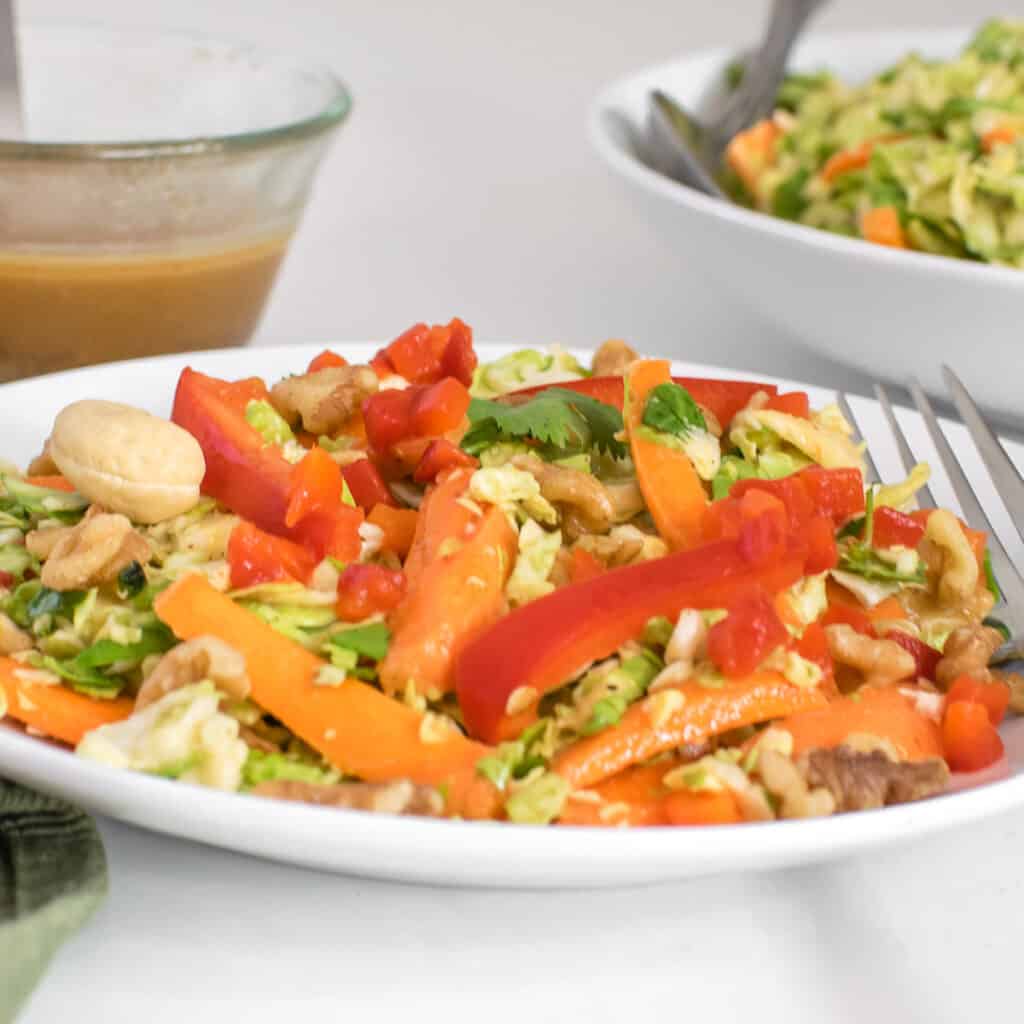 a front view of served vegan brussels sprout salad.