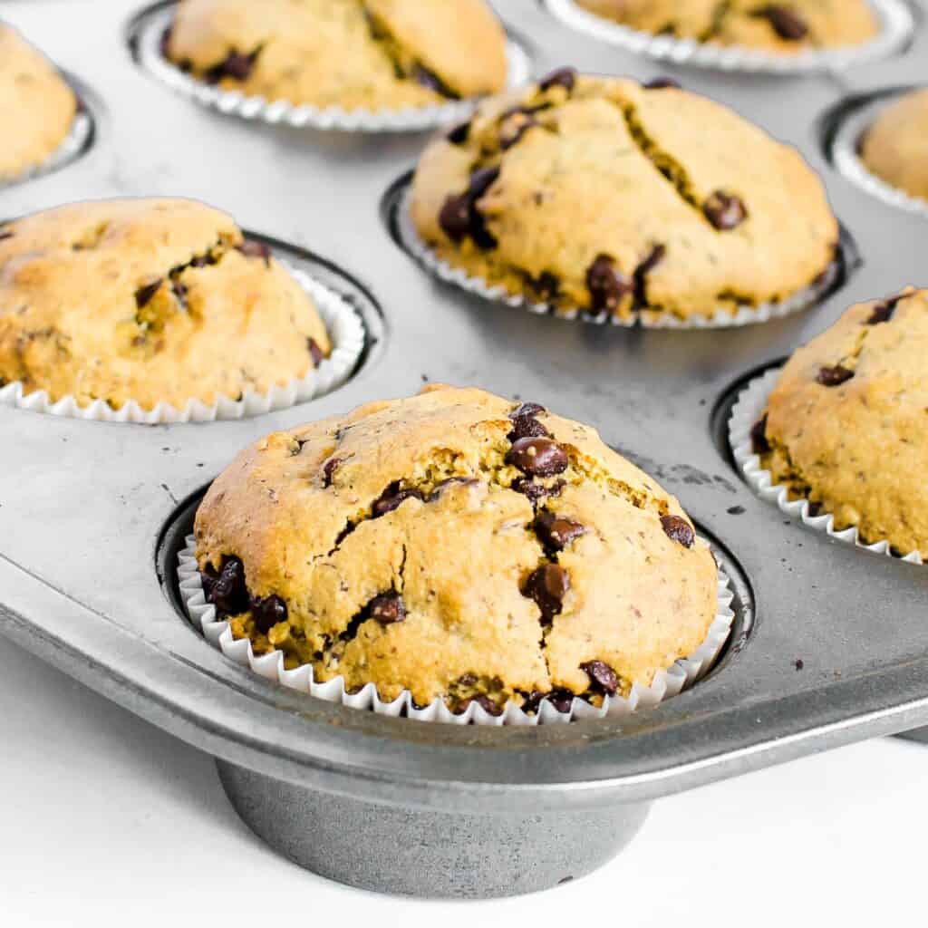 a close up view of vegan chocolate chip muffins in the muffin tray. 