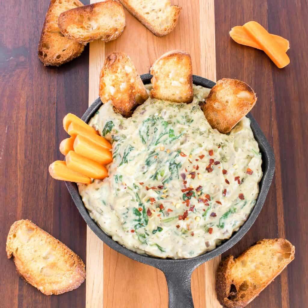 top view of vegan spinach artichoke dip.