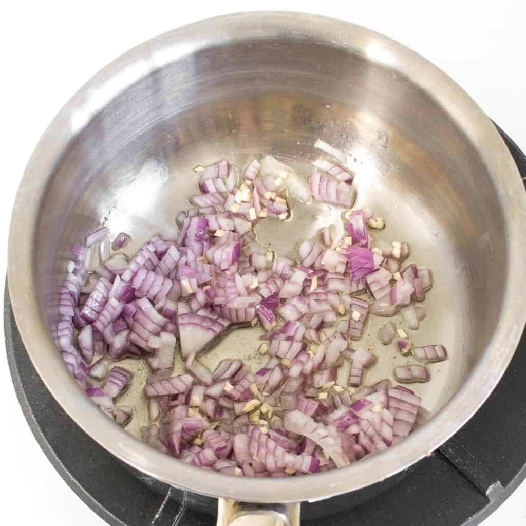 sautéed onion in a pan. 