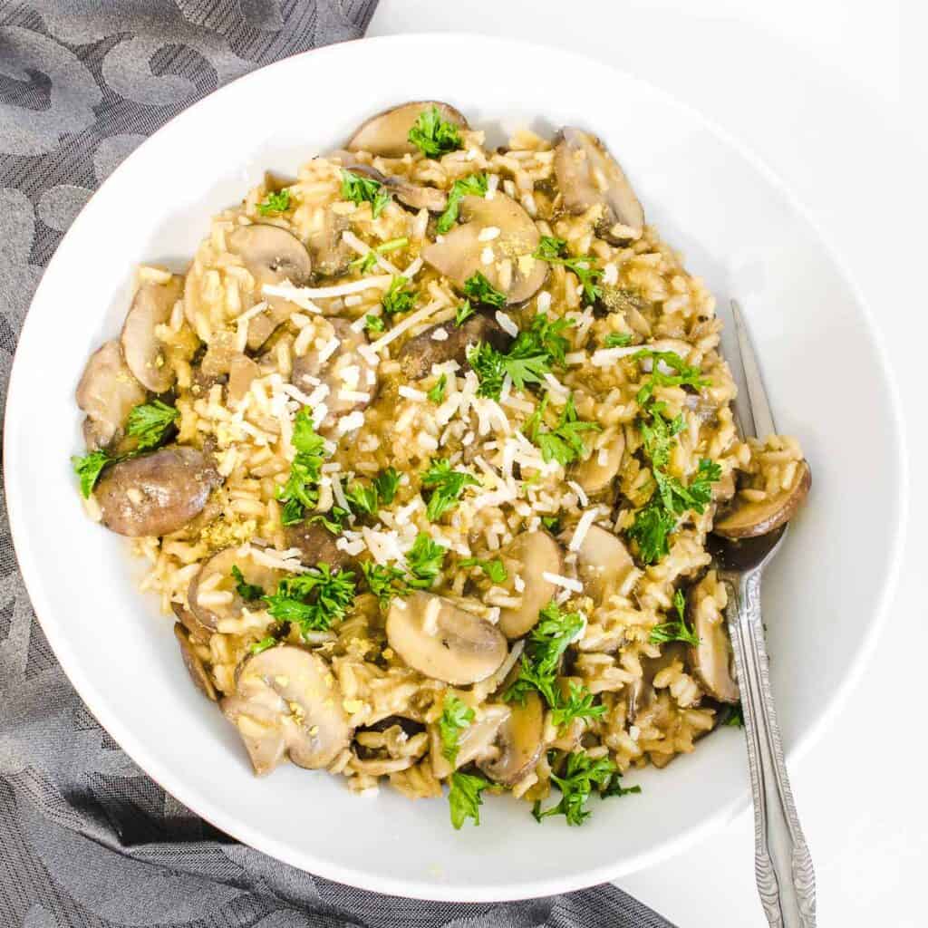 top view of brown rice mushroom risotto.