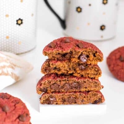 inside view of stacked vegan red velvet cookies.