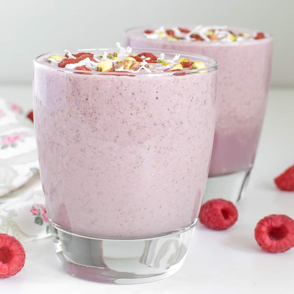 front view of served raspberry smoothie.